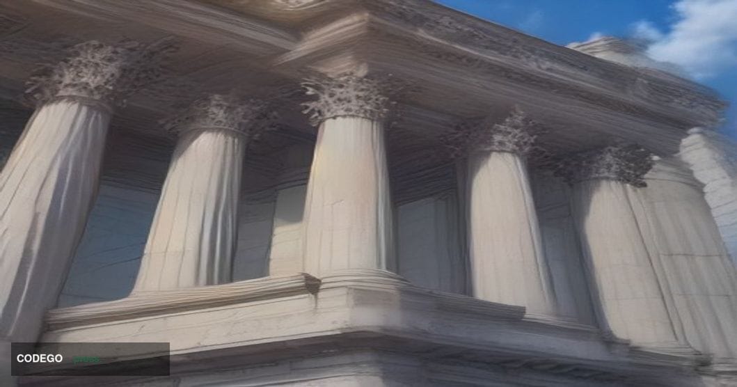 A dramatic photorealistic editorial photograph shot from a low angle looking up at a grand neoclassical American bank buildin
