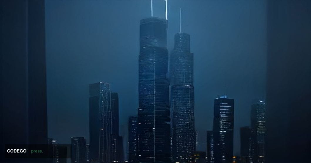 A cinematic editorial photograph set at night in Dubai, with the iconic Burj Khalifa and surrounding financial district skyli