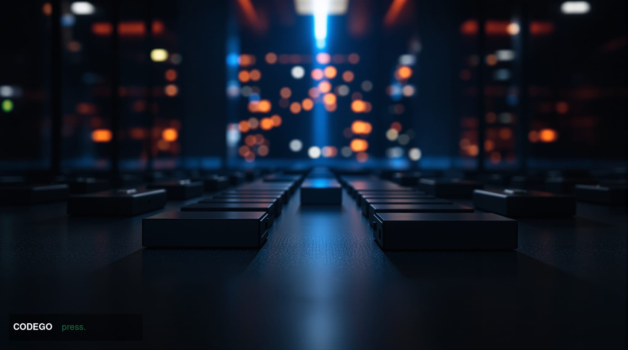 A cinematic editorial photograph depicting a dimly lit secure vault room with rows of physical hardware security devices arra