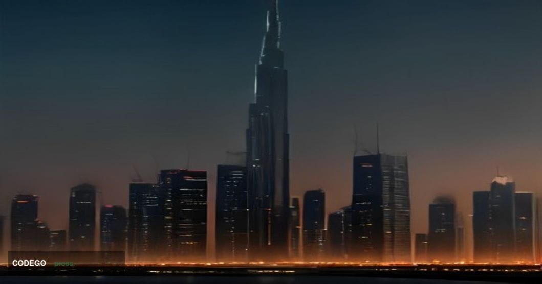 A cinematic editorial photograph of Dubai's financial district skyline at dusk, with the iconic glass towers of the Dubai Int