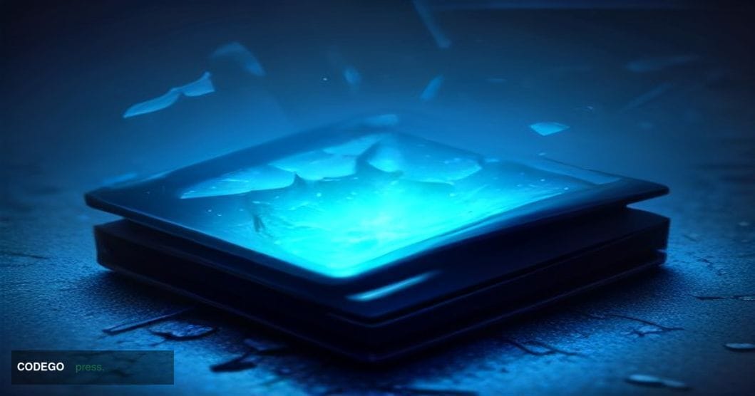 A dramatic cinematic editorial photograph centered on a Coldcard-style black hardware wallet device sitting on a dark matte s