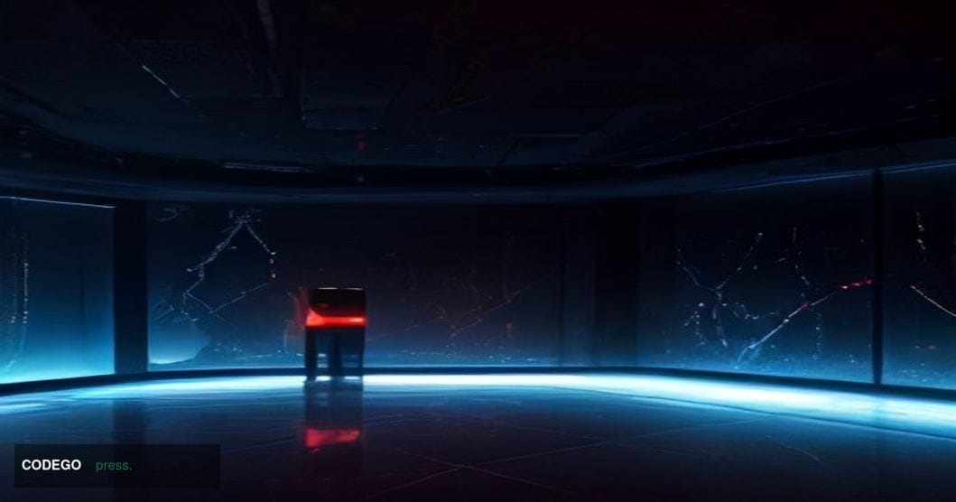 A dramatic cinematic editorial photograph set inside a darkened blockchain operations center, with holographic red alert scre