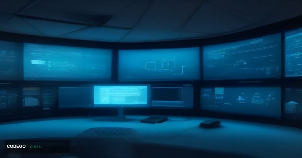 A cinematic editorial photograph set inside a high-security corporate technology operations center, bathed in cool blue and a