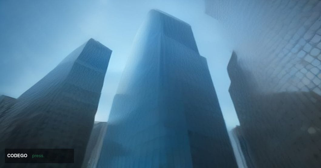 A cinematic editorial photograph of a sleek, modernist financial district exterior in Manhattan, shot from a low angle lookin