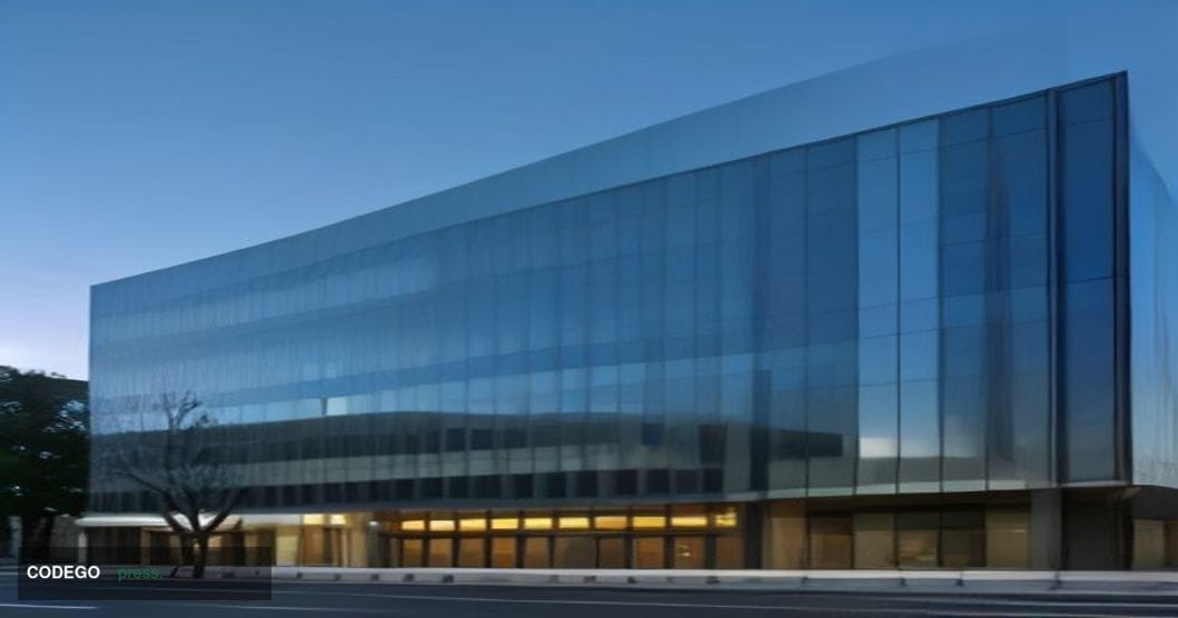 A dramatic wide-angle exterior shot of PayPal's San Jose corporate headquarters campus at dawn, the sleek glass-and-steel fac