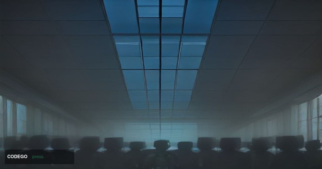 A dramatic cinematic editorial photograph set inside a vast, modernist bank headquarters trading floor at twilight, shot from