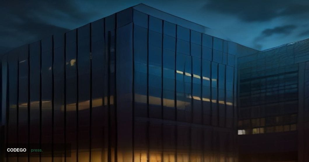 A cinematic editorial photograph of a grand, modernist banking headquarters at dusk, its vast glass curtain-wall facade refle