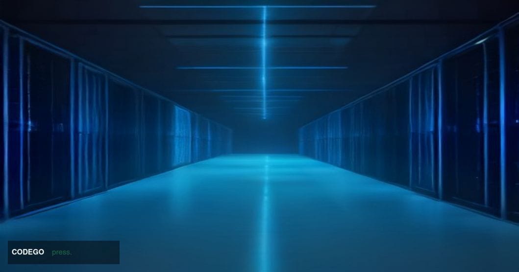A dramatic cinematic editorial photograph set inside a dimly lit server room corridoor, with glowing blue and amber light ref