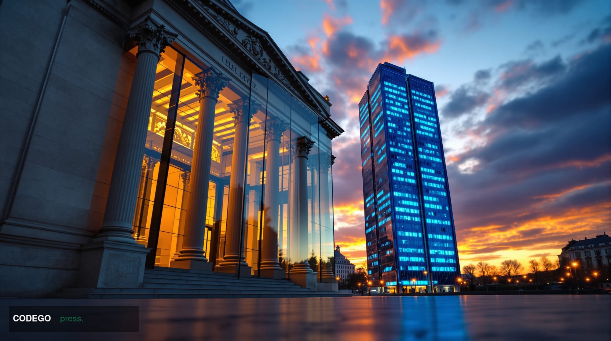 A dramatic cinematic editorial photograph shot from a low angle looking up at the glass-and-steel facade of a classical Europ