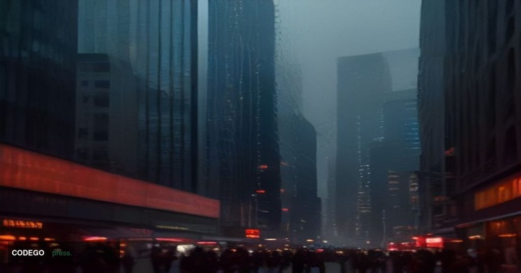 A cinematic editorial photograph shot at ground level looking up at a bustling Chinese commercial district at dusk, featuring