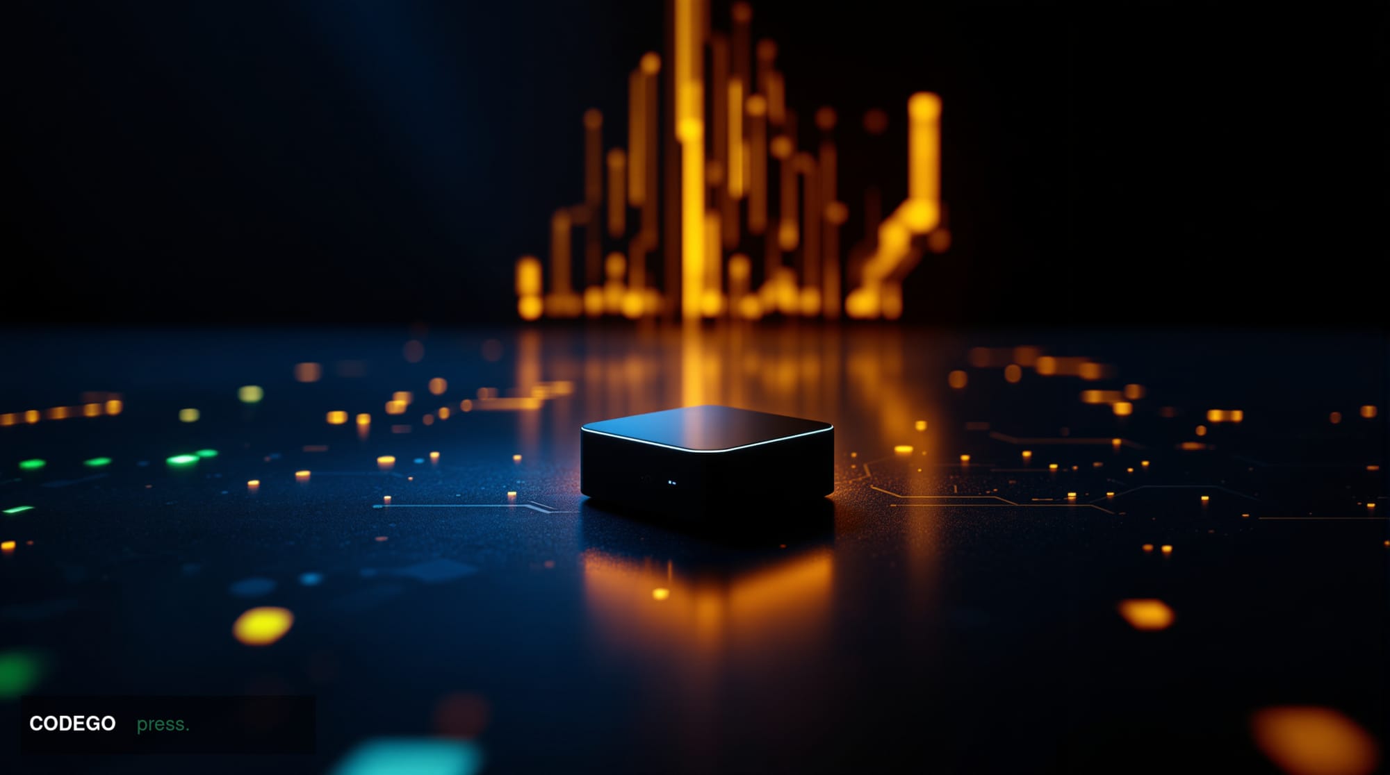 A cinematic editorial photograph of a physical hardware cryptocurrency wallet device resting on a cold, dark matte steel surf