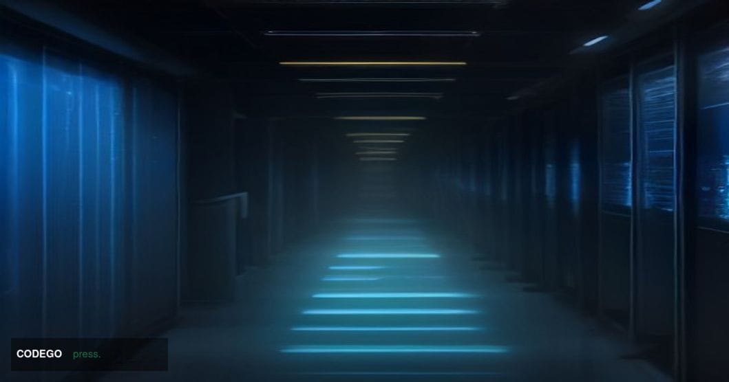 A dramatic cinematic editorial photograph taken at a low angle looking up at a towering financial district server room corrid