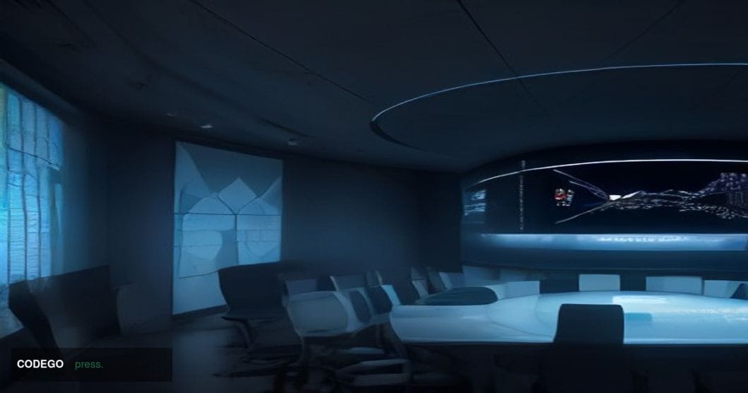 A cinematic editorial photograph set inside a sleek, modern investment management compliance office, shot from a low angle lo