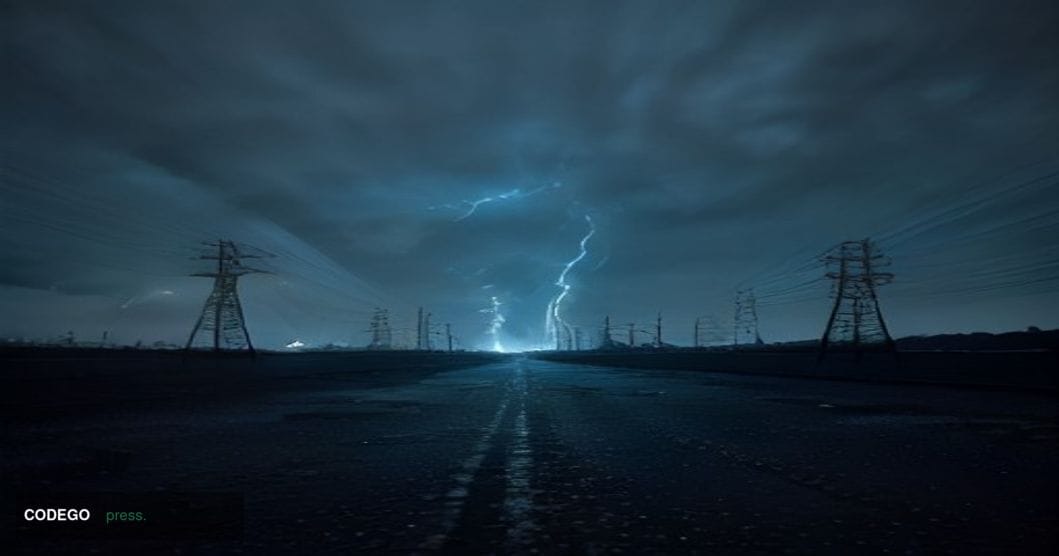 A dramatic cinematic editorial photograph shot at ground level looking up at a tangle of high-voltage electrical transmission