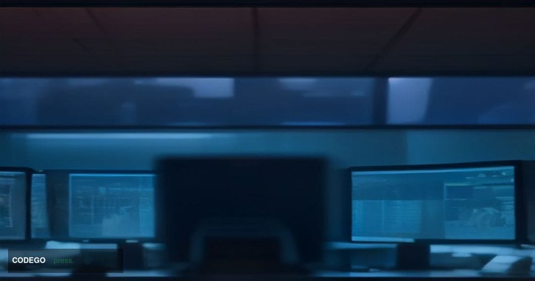 A dramatic cinematic editorial photograph set inside a modern financial institution's security operations center, viewed from