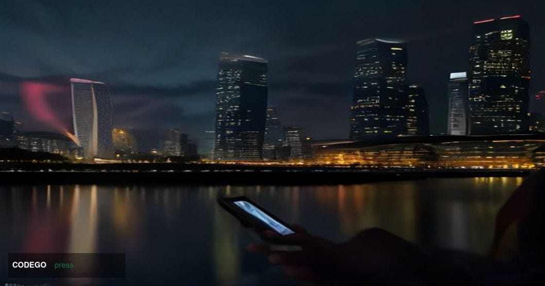 A cinematic editorial photograph set in a bustling Asia Pacific financial hub — specifically Singapore's Marina Bay skyline a