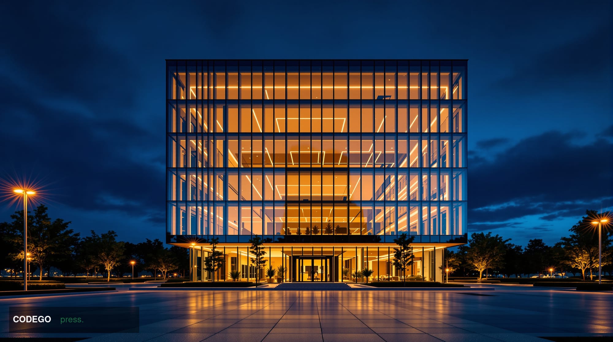 A cinematic editorial photograph of a sleek modern financial technology campus exterior at dusk, shot from a low angle lookin