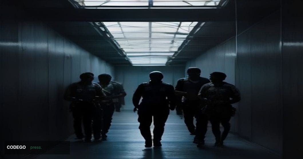 A cinematic editorial photograph depicting a tense law enforcement extradition scene at a Pacific island international airpor