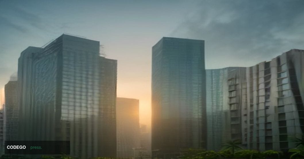 A photorealistic editorial photograph of a Hawaii coastal financial district at golden hour, featuring a sleek mid-rise glass