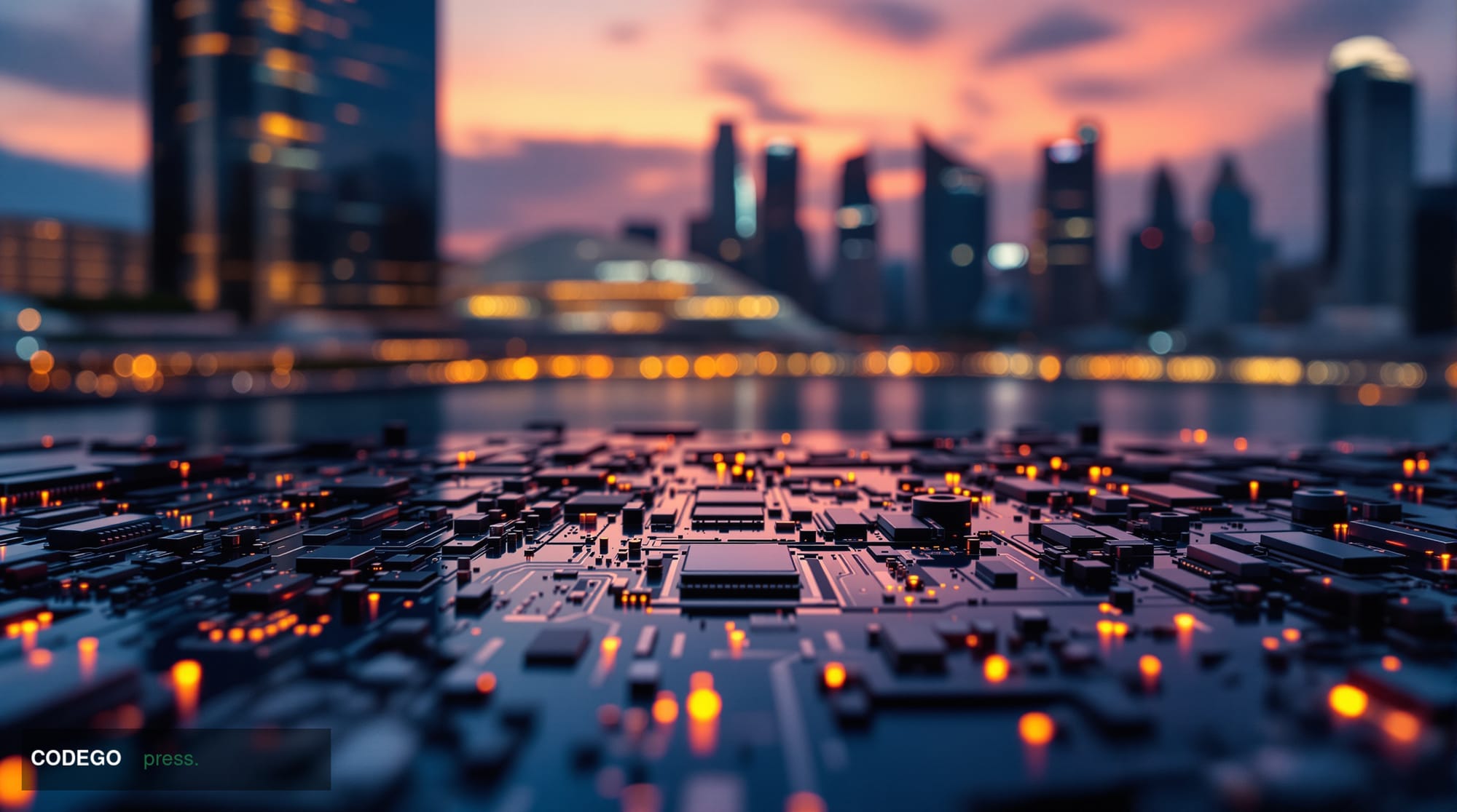 A cinematic editorial photograph of the Singapore financial district at dusk, shot from a low angle looking upward at a gleam