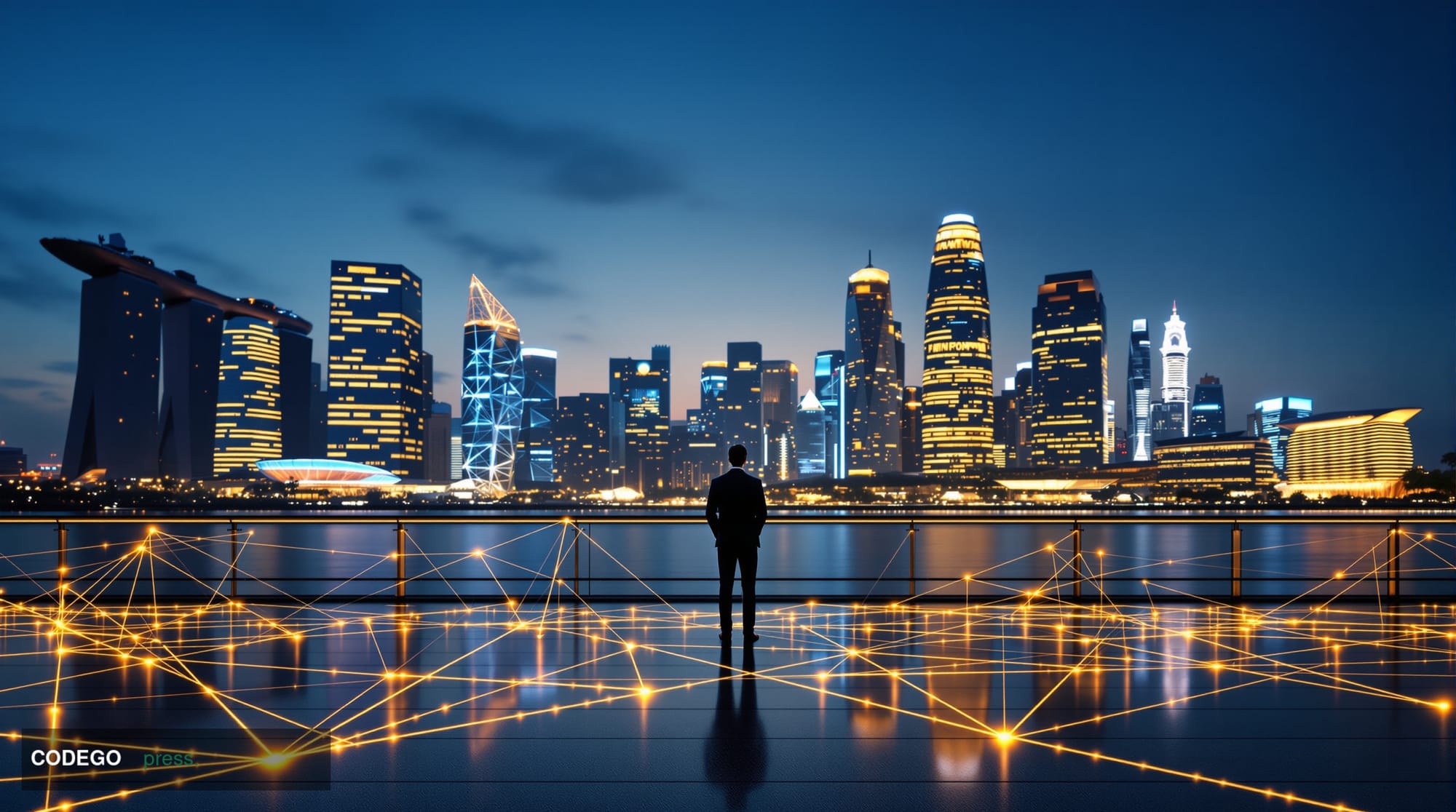 A sweeping photorealistic editorial photograph of Singapore's Marina Bay financial district skyline at blue hour, captured fr