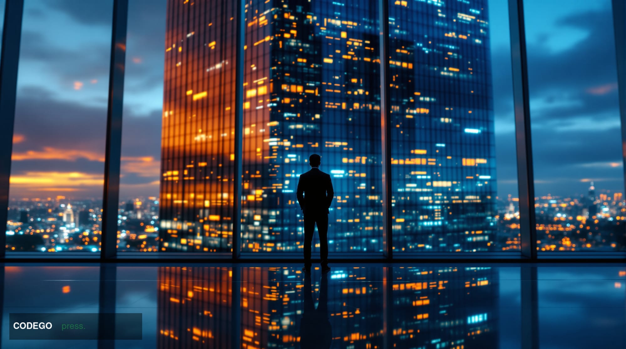 A dramatic cinematic editorial photograph of a monumental glass-and-steel bank headquarters tower photographed from a low ang