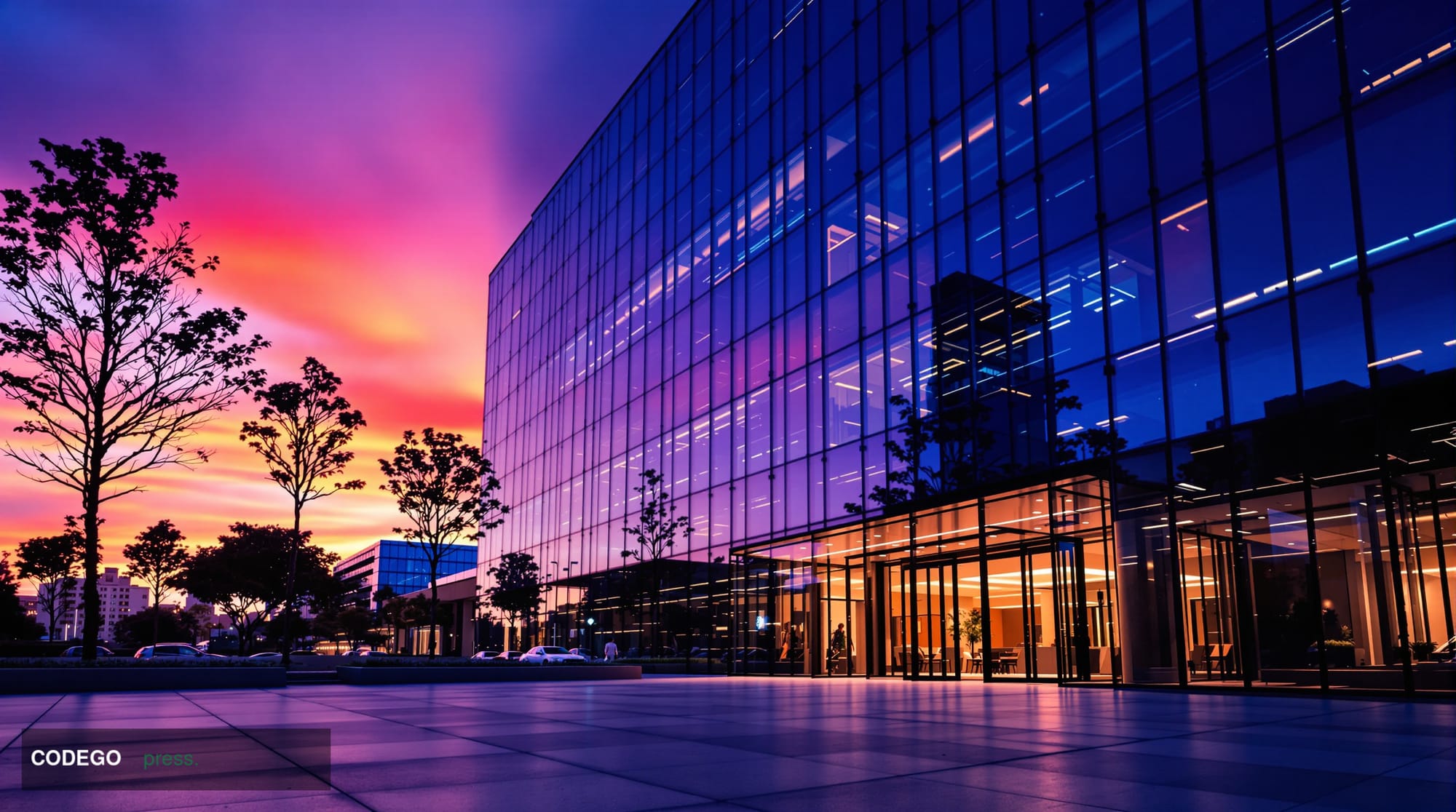 A cinematic editorial photograph of a sleek, modern San Francisco technology campus at dusk, shot from a low wide-angle persp