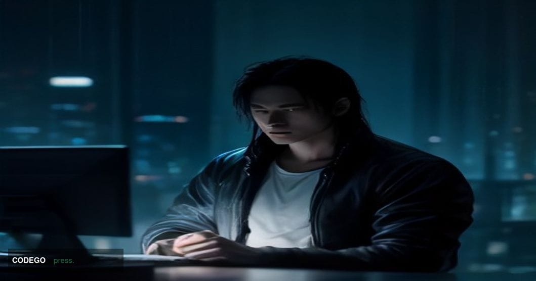 A cinematic editorial photograph set in a darkened Southeast Asian urban environment at night, with the glowing neon-lit skyl