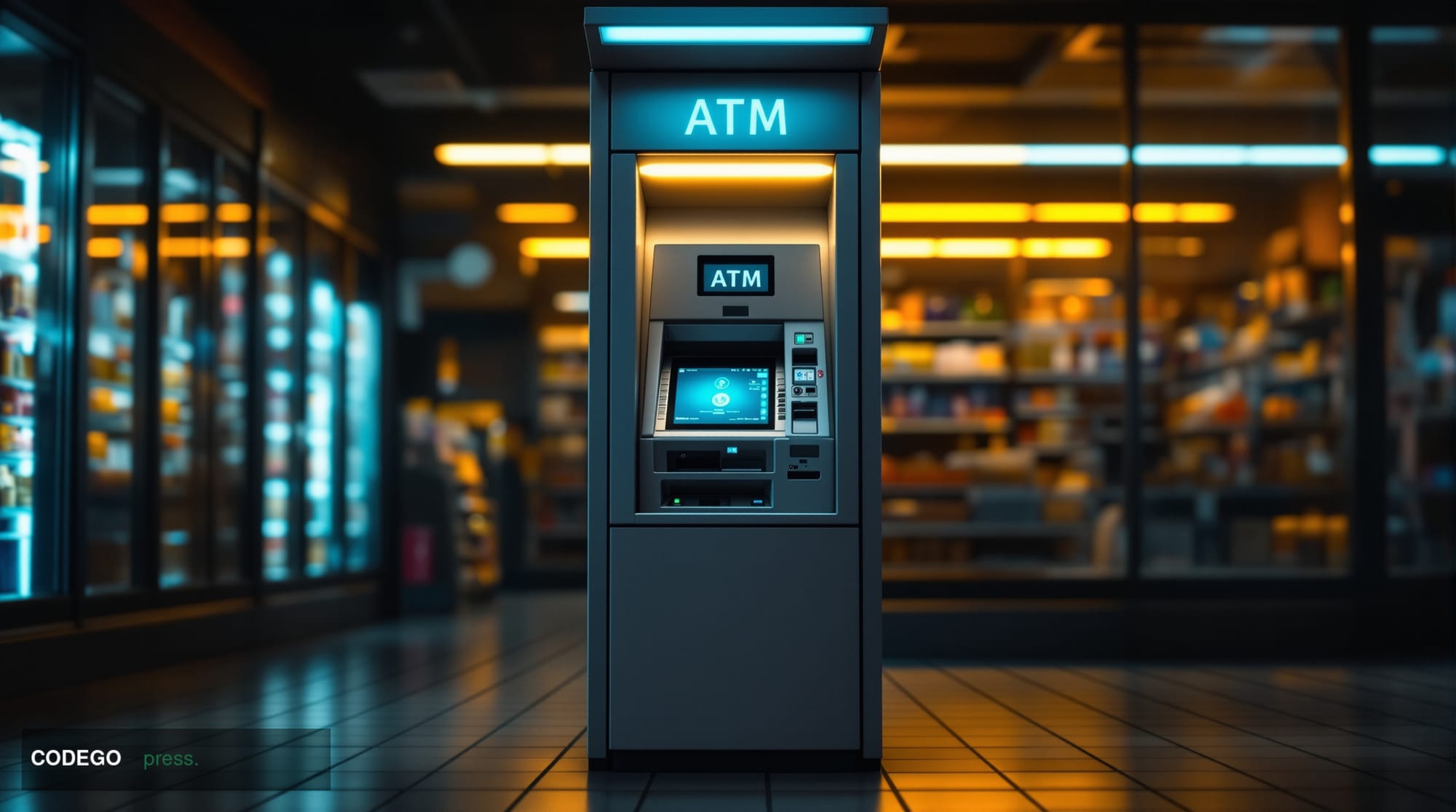 A photorealistic editorial photograph of a standalone cryptocurrency ATM kiosk inside a convenience store, shot from a low an