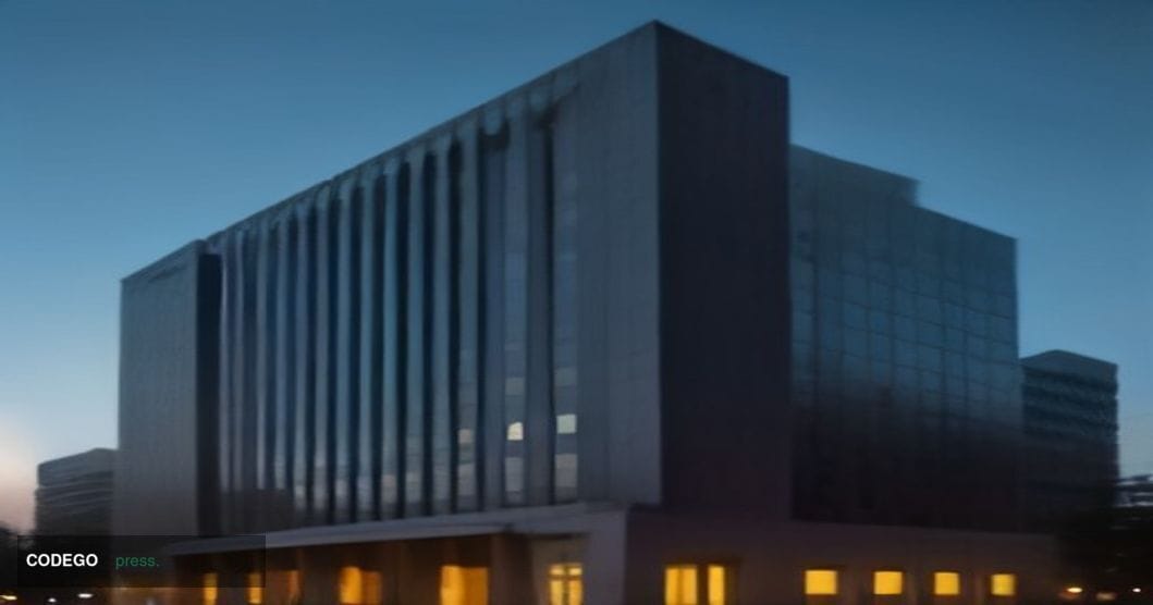 A dramatic photorealistic editorial photograph of a grand modernist central bank building in Southeast Asia, captured at dusk