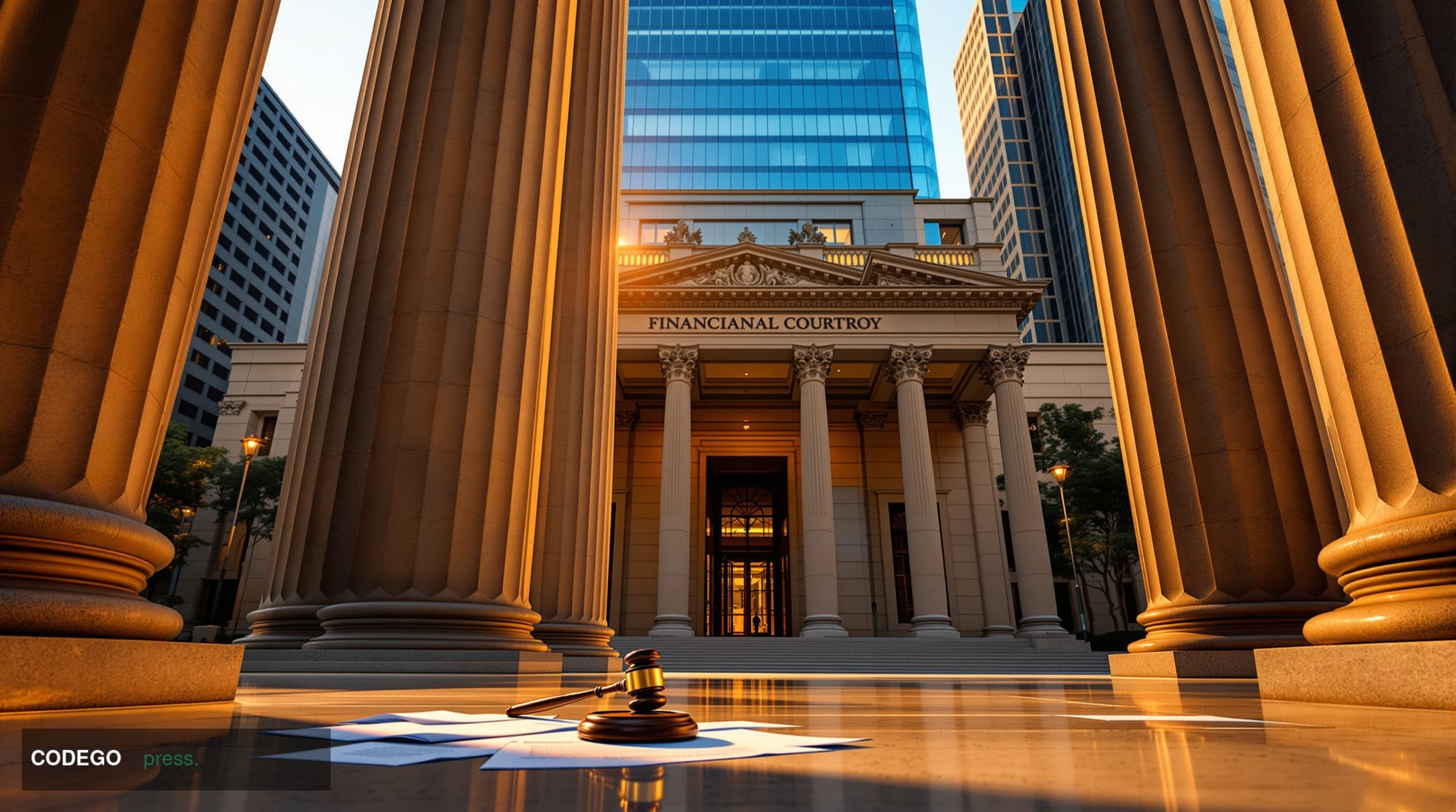 A photorealistic editorial photograph of a sleek Australian financial district courthouse exterior at dawn, shot from a low a