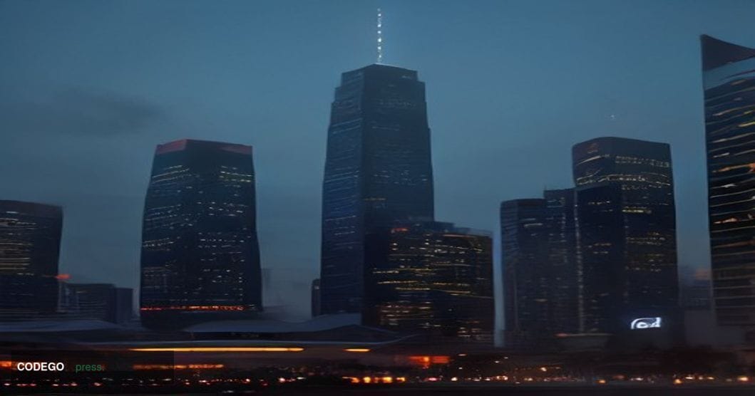 A cinematic editorial photograph set in Singapore's central business district at dusk, featuring the gleaming glass facade of