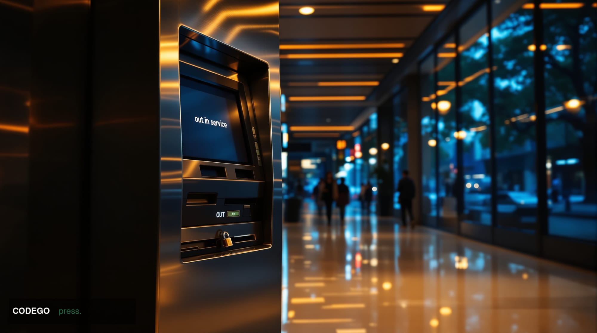 A cinematic editorial photograph of a deactivated cryptocurrency ATM machine standing in a dimly lit Australian shopping arca