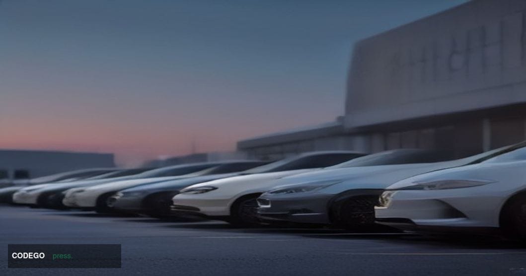 A cinematic editorial photograph of a sleek, modern AutoNation dealership forecourt shot at dusk, rows of new vehicles gleami