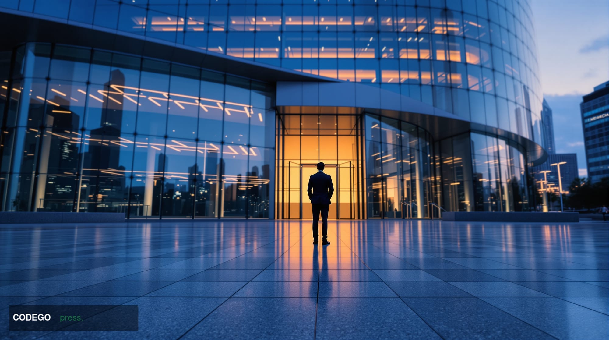 A cinematic editorial photograph of a sleek modern financial technology corporate campus at dusk, shot from a low angle looki
