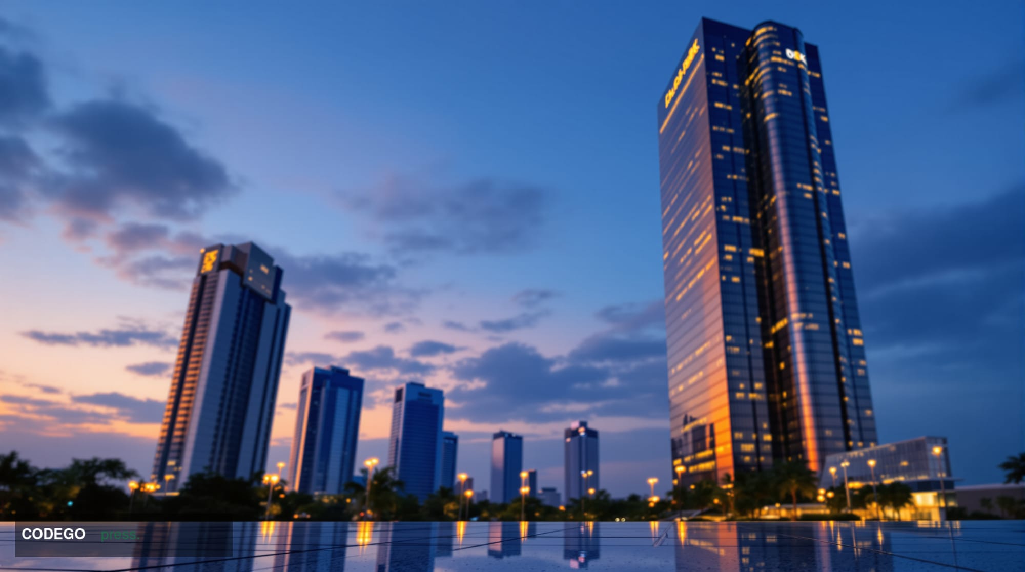 A cinematic editorial photograph shot from a low angle looking upward at a gleaming glass-and-steel corporate tower in Mumbai