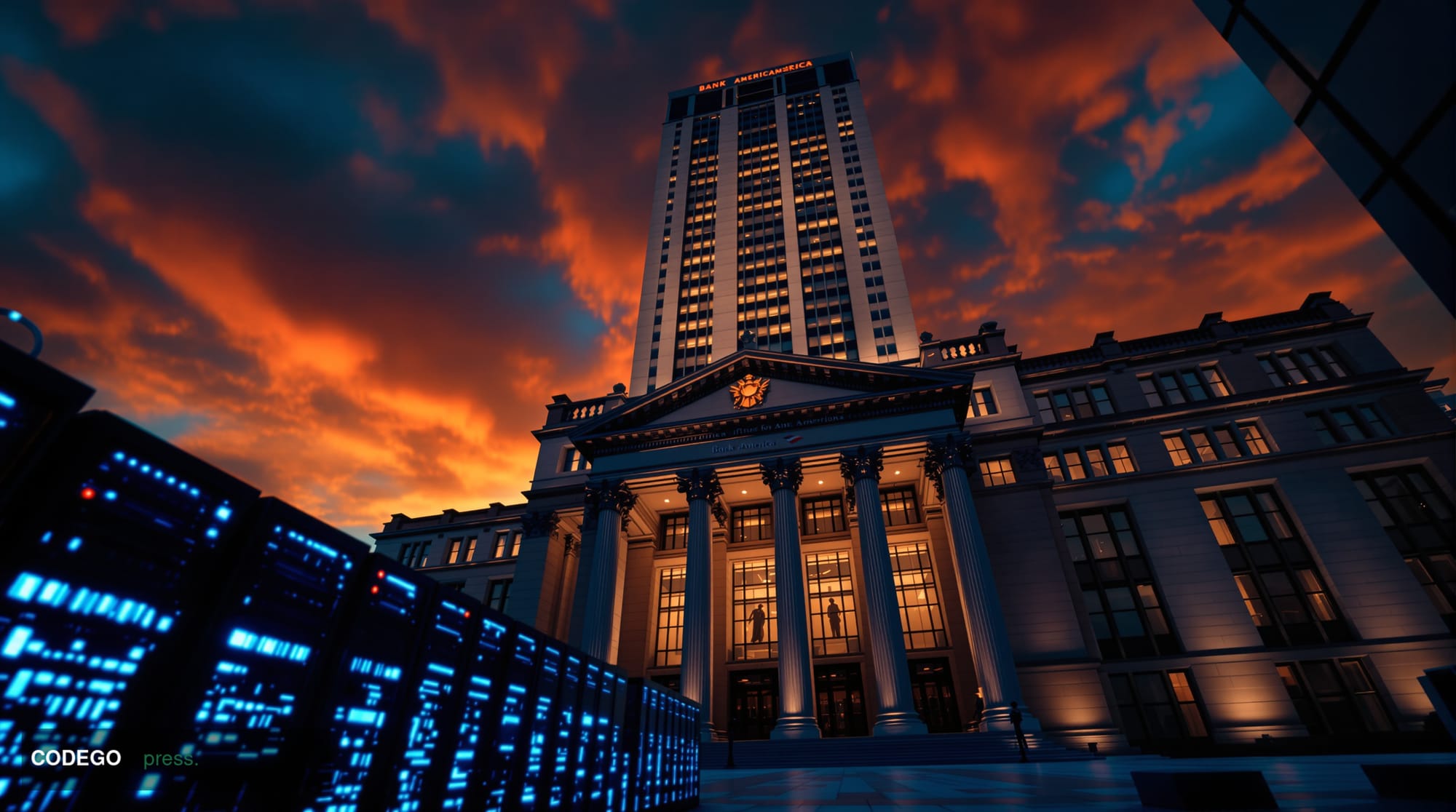 A cinematic editorial photograph of a grand neoclassical banking institution exterior — inspired by Bank of America's Charlot