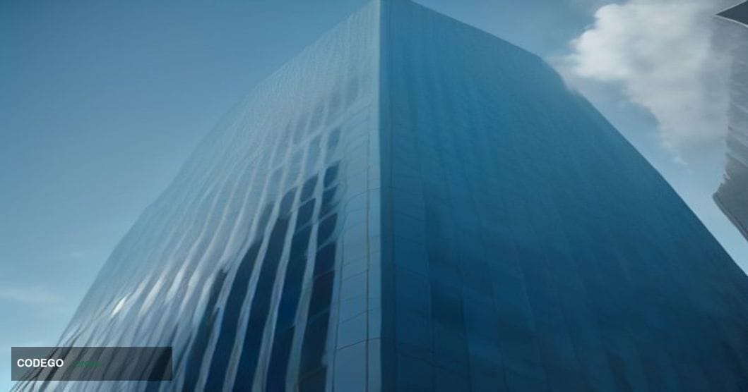 A dramatic cinematic editorial photograph taken from a low angle looking up at the gleaming glass and steel exterior of a maj