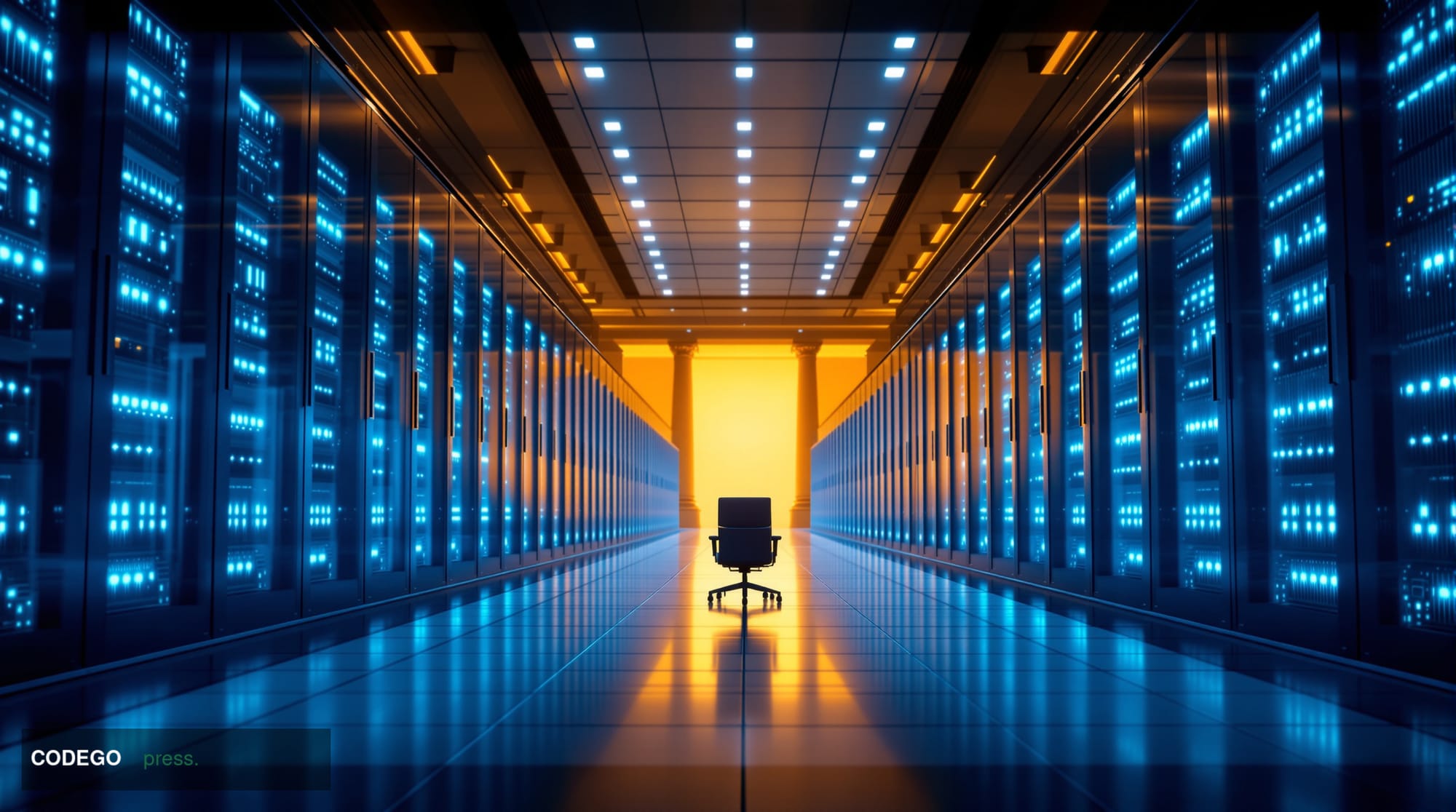 A dramatic cinematic editorial photograph set inside a vast, modernist financial data center corridor, shot from a low wide-a