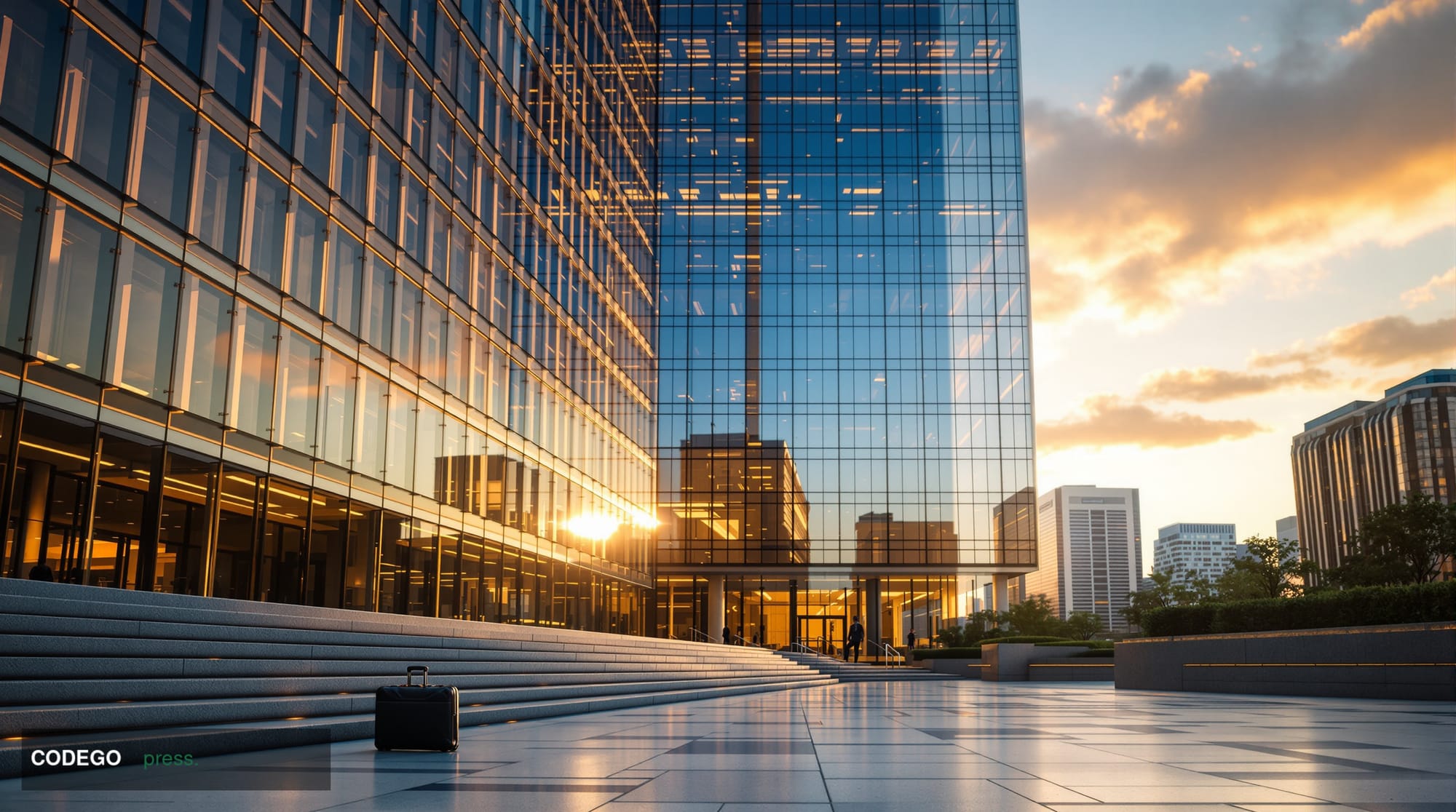 A cinematic editorial photograph of a monumental glass-and-steel corporate banking tower in Charlotte, North Carolina, shot f
