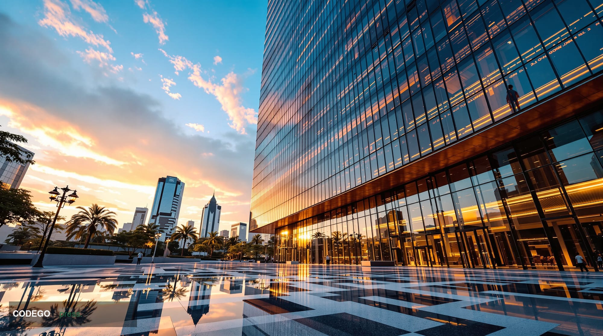 A cinematic editorial photograph shot at ground level looking up at a modern glass-and-steel corporate tower in Mumbai's Band