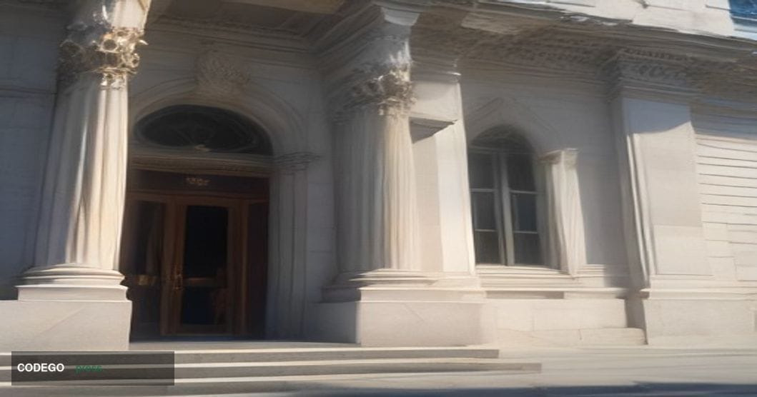 A cinematic editorial photograph taken at close range outside the Bank of Canada's neoclassical limestone headquarters on Wel