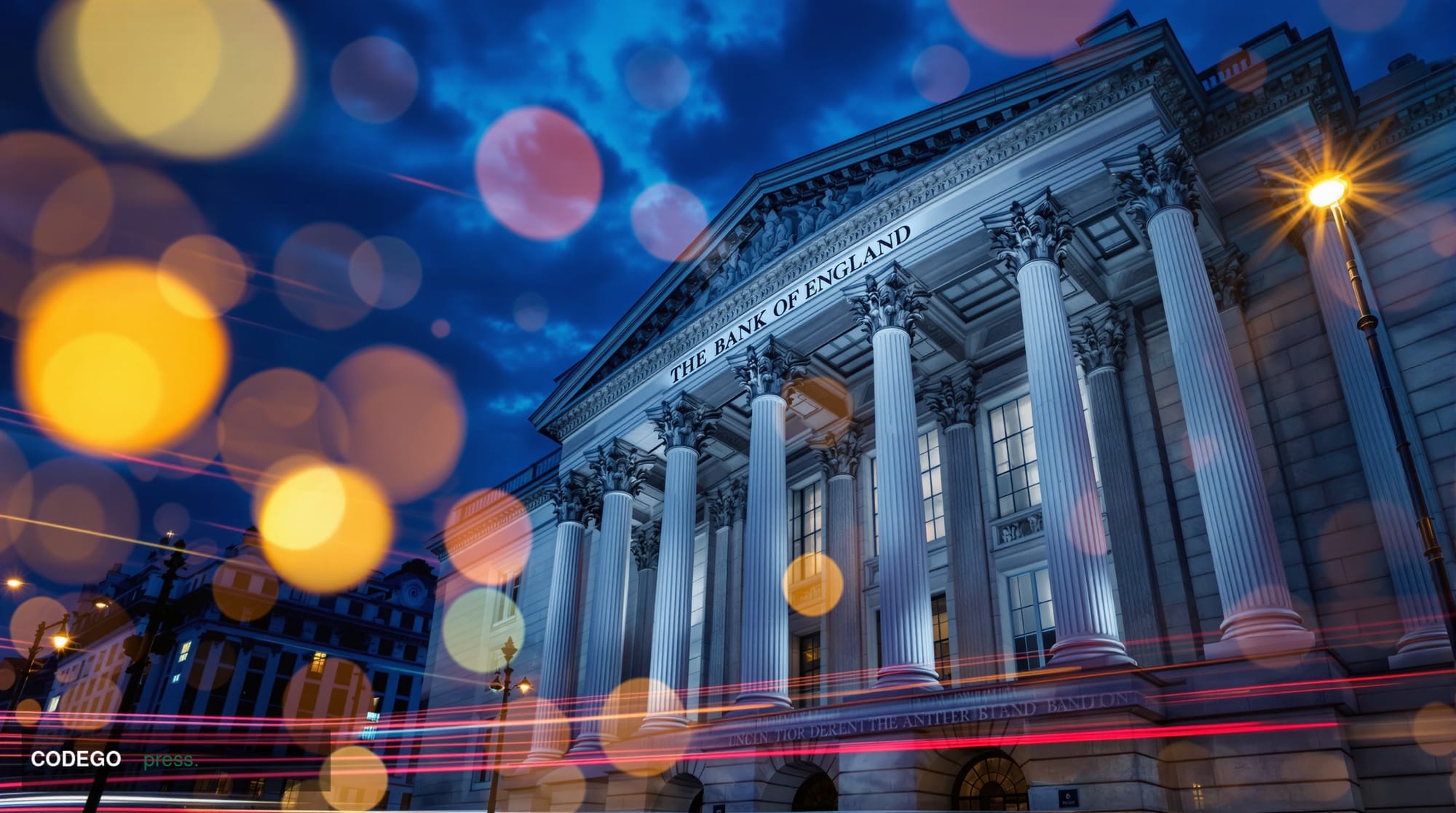 A photorealistic editorial photograph of the Bank of England's iconic neoclassical Threadneedle Street facade in the City of 