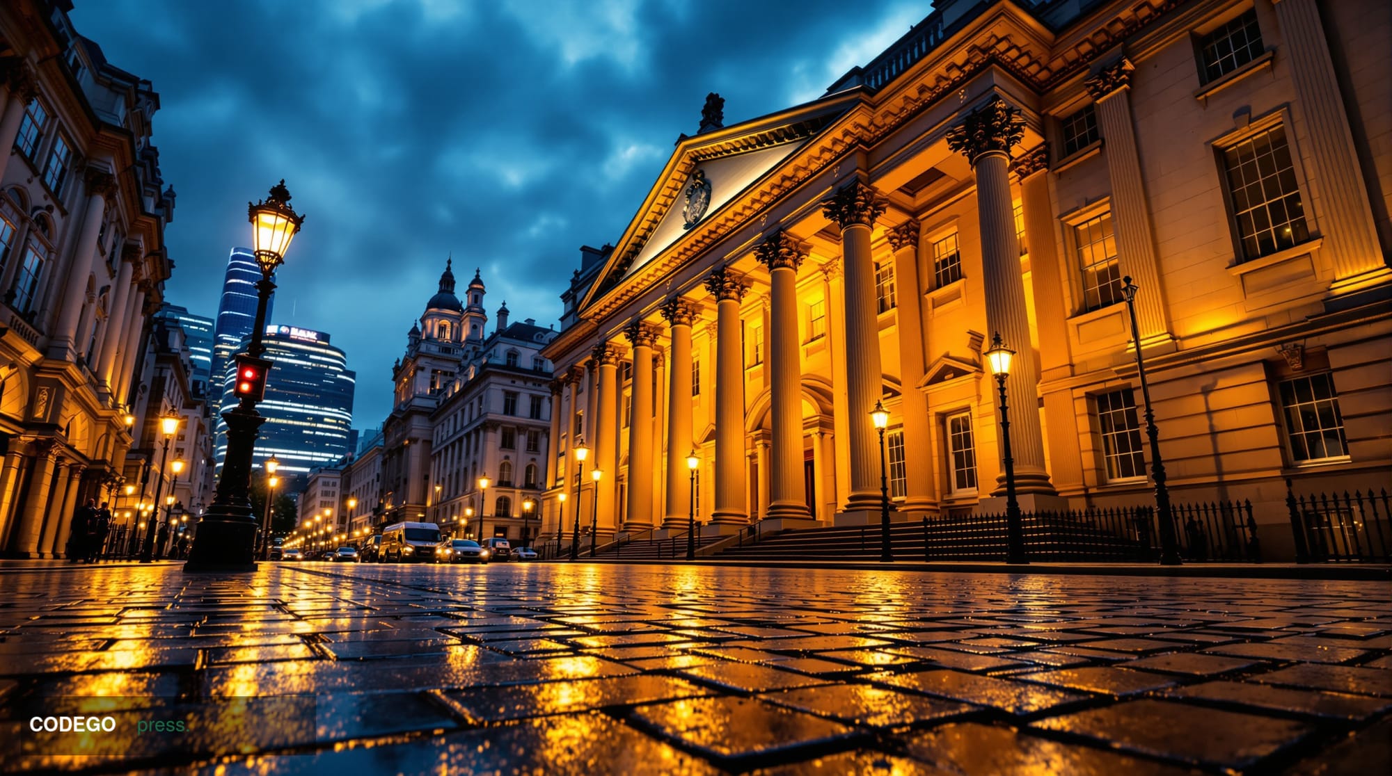 A photorealistic editorial photograph of the Bank of England's iconic neoclassical stone facade on Threadneedle Street in the