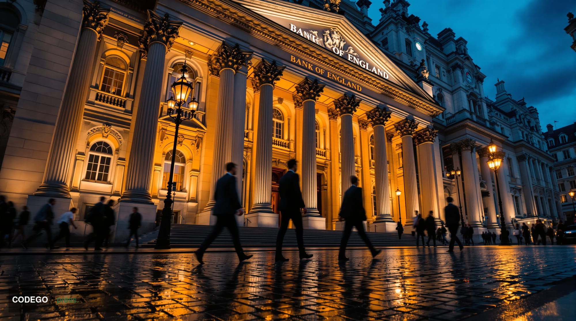 A cinematic editorial photograph set outside the iconic neoclassical stone facade of the Bank of England on Threadneedle Stre
