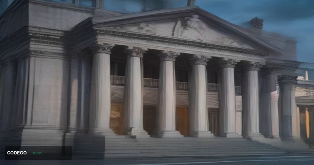 A photorealistic cinematic editorial photograph of the Bank of England's iconic neoclassical stone headquarters on Threadneed