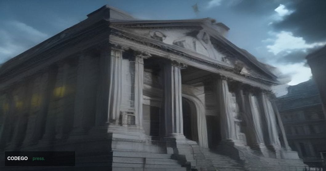 A cinematic editorial photograph of the Bank of England's iconic neoclassical Threadneedle Street headquarters in the City of