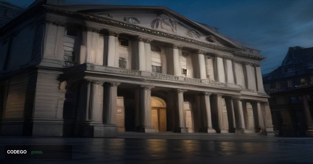 A cinematic editorial photograph of the Bank of England's neoclassical Threadneedle Street facade in the City of London, shot