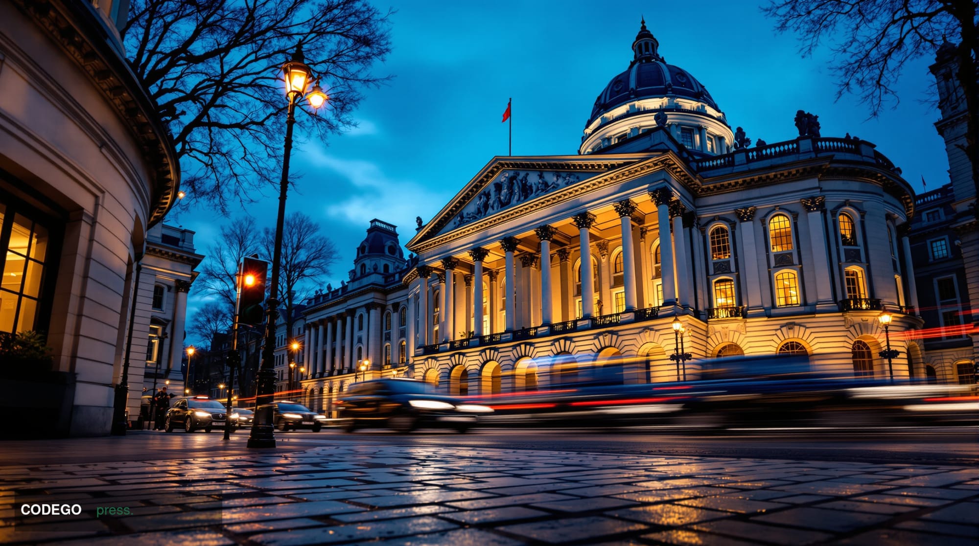 A cinematic editorial photograph of the Bank of England's neoclassical Threadneedle Street headquarters in the City of London