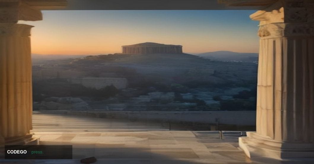 A cinematic editorial photograph set in Athens, Greece, with the Parthenon atop the Acropolis visible on the hill in the soft